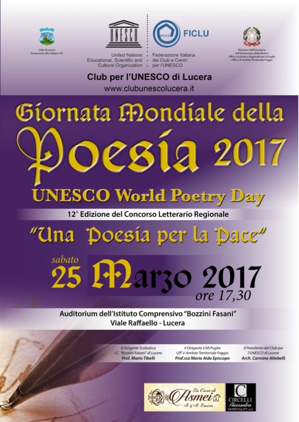 A Lucera sabato 25 la Giornata mondiale della poesia.