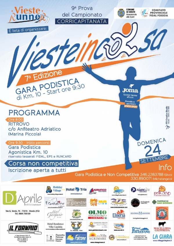 Tutto pronto per la settima edizione della "Viesteincorsa", gara podistica di km.10, organizzata dalla Vieste Runners con il patrocinio del Comune di Vieste e della Fidal Foggia.