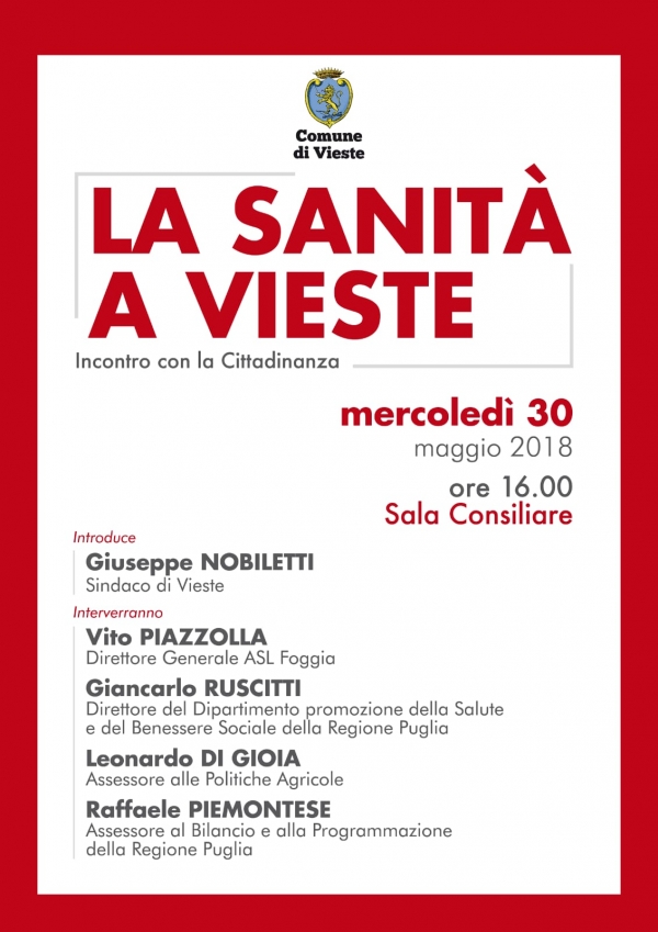 Vieste/ Questo pomeriggio in Comune “LA SANITA’ A VIESTE” incontro con la cittadinanza