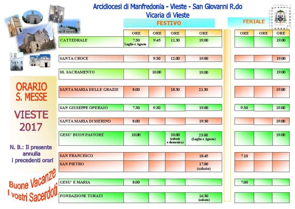 Vieste - Orari delle Messe estive nelle Parrocchie