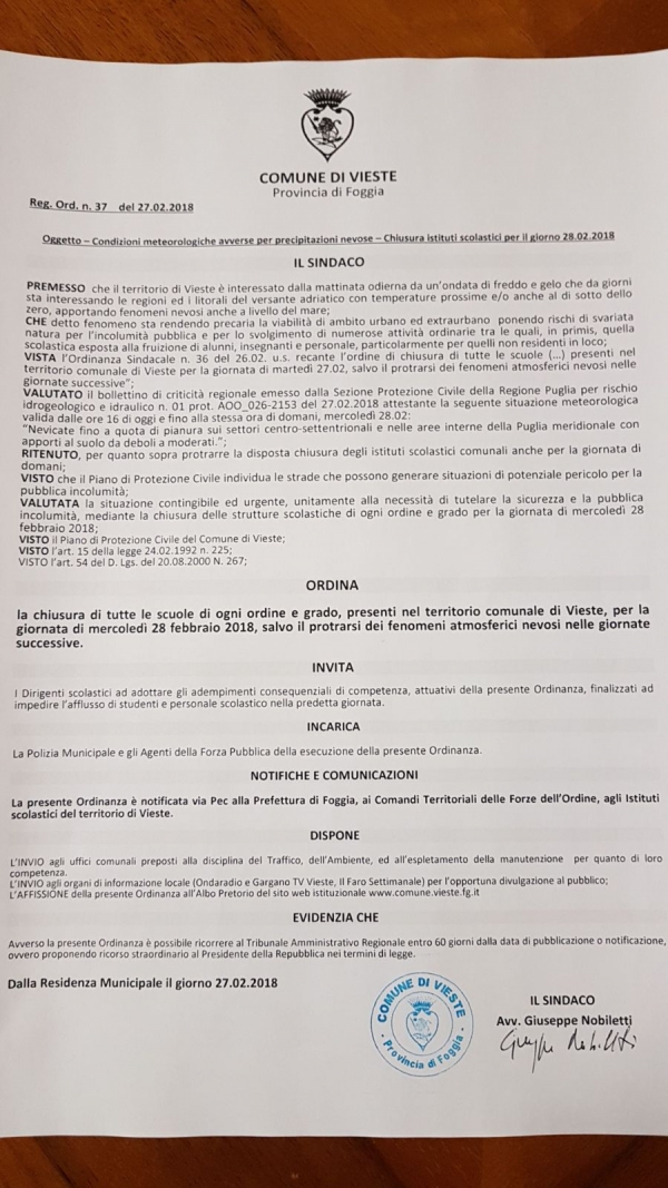 Vieste - Scuole chiuse anche domani. Difficolt di circolazione sulle strade