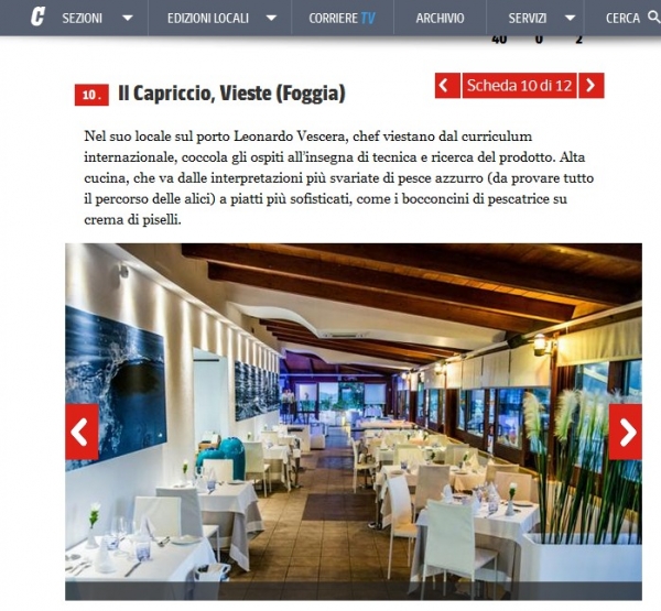 Vieste  Corriere della Sera, Il Capriccio scelto fra gli 11 ristoranti in Italia per mangiare al mare dinverno