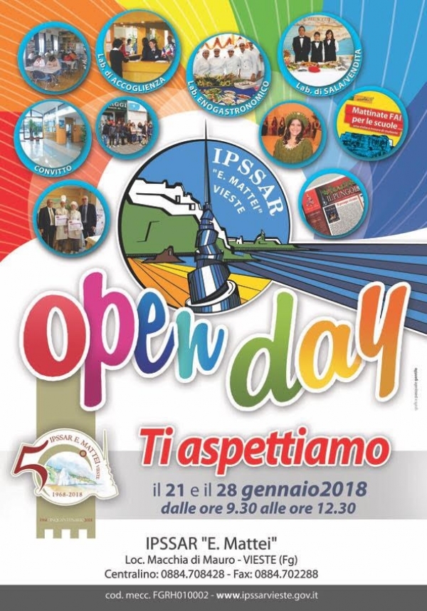 L'IPSSAR E. MATTEI di Vieste, in occasione dell'Open Day, domenica 28 gennaio aprirà le sue porte per fare conoscere l'Istituto a chi vorrà iscriversi o iscrivere i propri figli per l'anno scolastico 2018/2019.